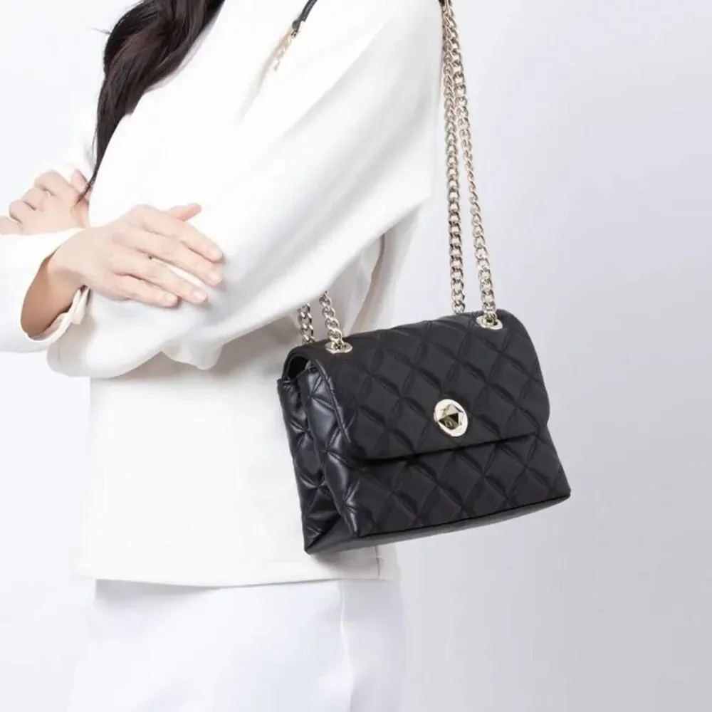 Kate Spade Natalia Small Quilted Shoulder Bag Black Faux Leather Gold Chain